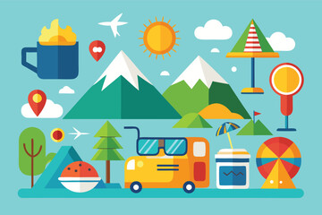 Naklejka premium Colorful summer camping scene with mountains, sunshine, and outdoor activities for family fun