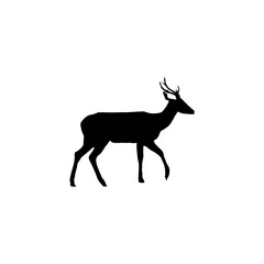 A simple, black silhouette of a deer in profile view, walking.