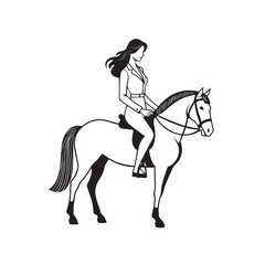 Black and white line art of a beautiful woman with perfect body riding horse elegant minimalist illustration