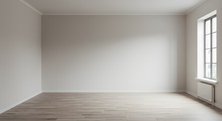 Empty Room Interior with Light Wood Floor and Large Window