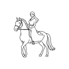 Black and white line art of a beautiful woman with perfect body riding horse elegant minimalist illustration