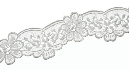 Elegant White Embroidered Floral Lace Trim with a Scalloped Edge, a Decorative Transparent Overlay for Craft and Design Projects