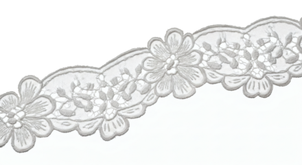 Elegant White Embroidered Floral Lace Trim with a Scalloped Edge, a Decorative Transparent Overlay for Craft and Design Projects