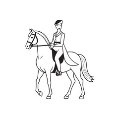 Black and white line art of a beautiful woman with perfect body riding horse elegant minimalist illustration