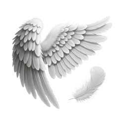 Obraz premium Elegant white angel wings with soft, layered feathers fanned open, a loose feather nearby, on a clean transparent background with bright lighting. Concept of purity and elegance