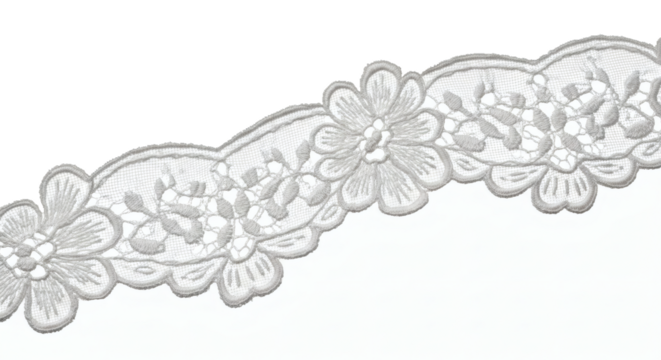 Elegant White Embroidered Floral Lace Trim with a Scalloped Edge, a Decorative Transparent Overlay for Craft and Design Projects