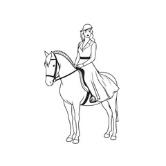 Fototapeta premium Black and white line art of a beautiful woman with perfect body riding horse elegant minimalist illustration