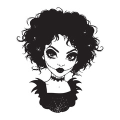 Spooky Gothic Woman Portrait With Curly Hair And Spiderweb Collar