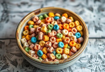 A rustic ceramic bowl filled with colorful breakfast cereal,  macro,  yummy
