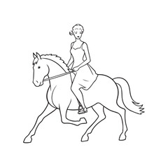 Black and white line art of a beautiful woman with perfect body riding horse elegant minimalist illustration