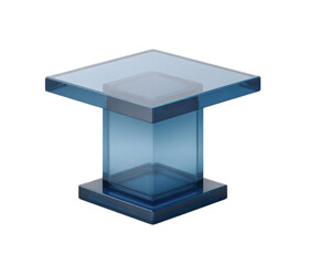A modern blue acrylic side table with a square top and a square pedestal base, isolated on a transparent background, showcasing contemporary furniture design and minimalist aesthetics
