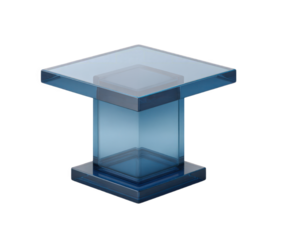 A modern blue acrylic side table with a square top and a square pedestal base, isolated on a transparent background, showcasing contemporary furniture design and minimalist aesthetics