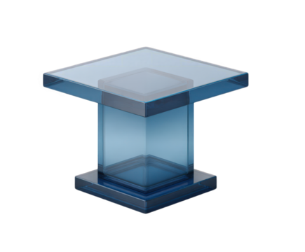 A modern blue acrylic side table with a square top and a square pedestal base, isolated on a transparent background, showcasing contemporary furniture design and minimalist aesthetics