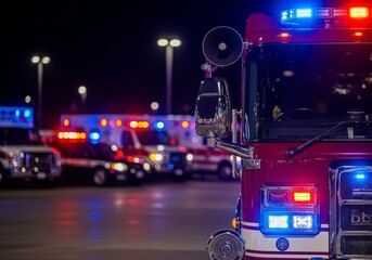 Medium shot of a fire engine's vibrant sirens and lights, sharply detailed against blurred emergency vehicles in a dealer lot, ideal for safety and emergency service themes