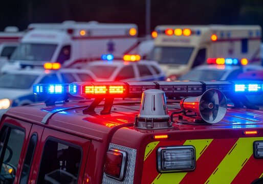 Medium shot of a fire engine's vibrant sirens and lights, sharply detailed against blurred emergency vehicles in a dealer lot, ideal for safety and emergency service themes