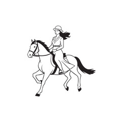 Black and white line art of a beautiful woman with perfect body riding horse elegant minimalist illustration