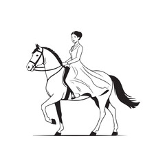 Black and white line art of a beautiful woman with perfect body riding horse elegant minimalist illustration