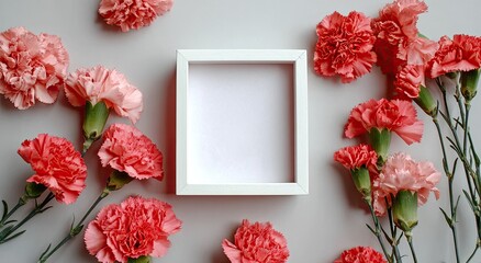 Obraz premium White frame surrounded by pink carnations on a gray background