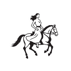 Black and white line art of a beautiful woman with perfect body riding horse elegant minimalist illustration