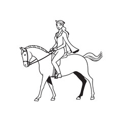 Black and white line art of a beautiful woman with perfect body riding horse elegant minimalist illustration