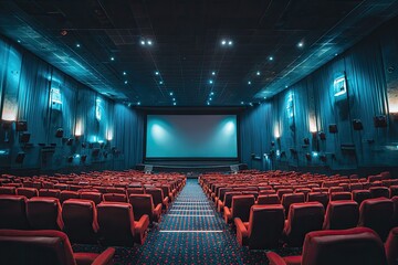 Empty movie theater interior, rows of red seats, large screen
