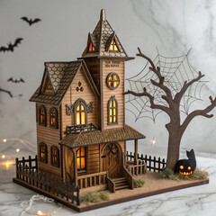 Halloween Haunted House Miniature with Spooky Tree and Glowing Lights, Halloween house scene lamp laser png