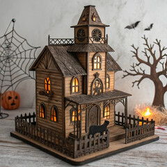 Halloween Haunted House Miniature with Spooky Tree and Glowing Lights, Halloween house scene lamp laser png