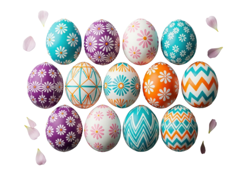 Twelve decorated Easter eggs, vibrant floral and geometric patterns, pastel petals on solid transparent background, sharp focus, Easter celebration atmosphere