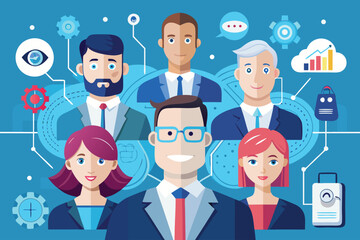 Group of diverse professionals collaborating on innovative technology solutions in a corporate setting