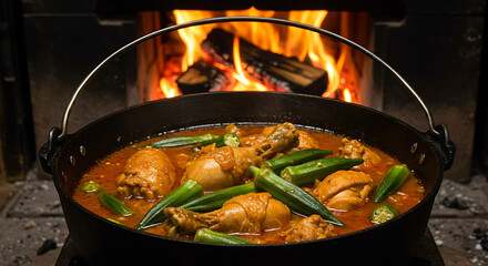 Traditional chicken stew with fresh okra and homemade sauce, served in an iron pot over a wood-burning stove	
