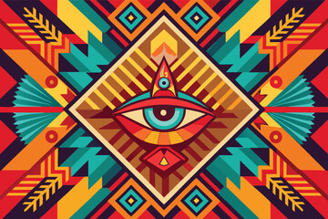 Colorful geometric design featuring an eye symbol within bold patterns inspired by indigenous art