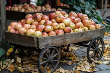 Rustic Wooden Trolley Displays Freshly Picked Apples Surrounded by Autumn Leaves in Outdoor Market
