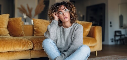 The Woman on the Mustard Velvet Sofa in a Cozy Living Room