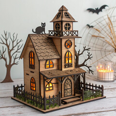 Halloween Haunted House Miniature with Spooky Tree and Glowing Lights, Halloween house scene lamp laser png