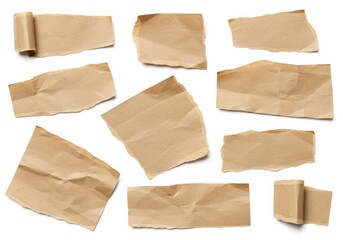 Wrinkled Kraft Paper Pieces on White Background