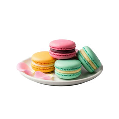 Obraz premium Three vibrant pastel macarons with delicate shells, creamy fillings on a minimalist white plate, rose petals, isolated on transparent background, macro, gourmet product marketing concept