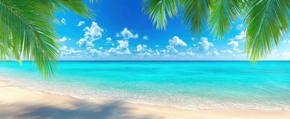 The serene tropical beach with azure waters and vibrant palm leaves.