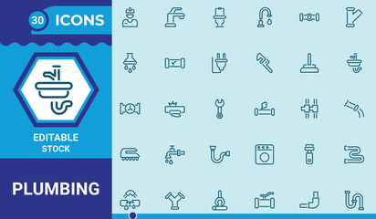Plumbing liner icon set.Vector artwork and illustration.plumber, water,  shower, pipe,  lobar, service and more.Editable stroke.