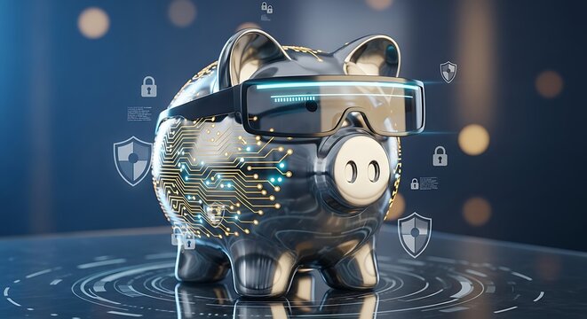 Piggy bank with VR headset futuristic finance concept digital savings and investment