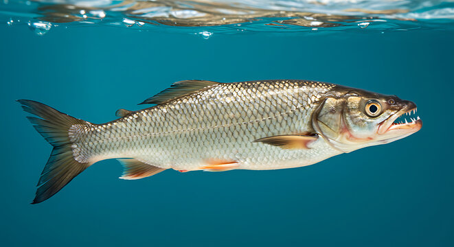 Freshwater tra&iacute;ra fish isolated on white background, elongated body with visible teeth	
