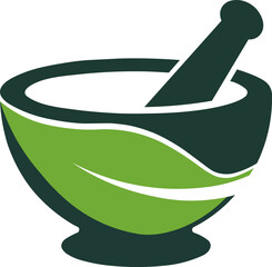 Mortar and pestle logo with a leaf design, symbolizing natural medicine and pharmacy