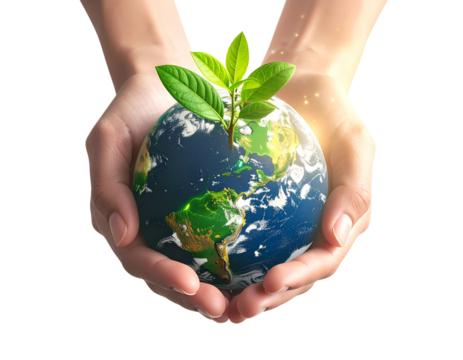 Caring Hands Holding Earth – Green Seedling Symbol of Global Sustainability PNG