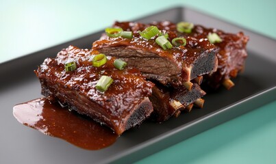 Fototapeta premium Glazed Ribs With Scallions on a Black Plate