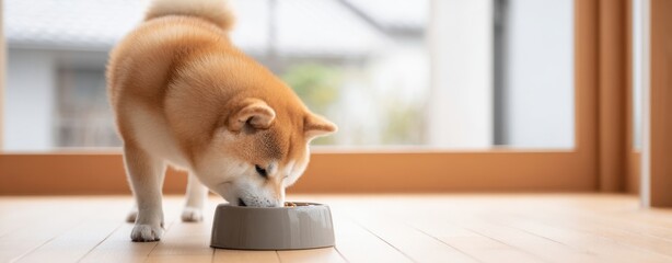 The Shiba Inu enjoying its meal in a cozy indoor setting.