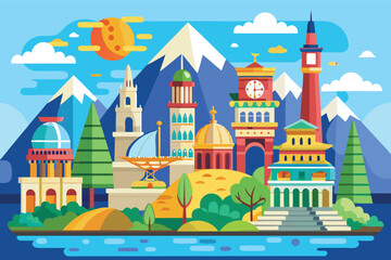 Colorful landscape with famous landmarks surrounded by mountains and trees in a vibrant cartoon style