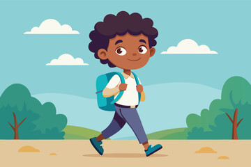 Happy child walking outdoors with backpack in a bright, cheerful landscape during a sunny day