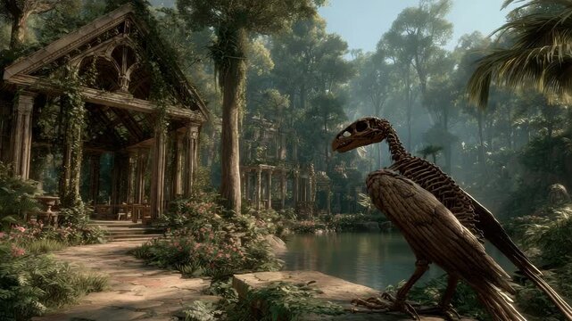 Wooden Bird Skeleton Near Ancient Ruins in Lush Green Forest