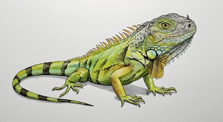 Obraz premium Vibrant Watercolor Illustration of a Green Iguana with Detailed Scales and Spikes