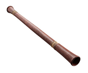 A traditional wooden didgeridoo, an ancient wind instrument originating from australia, isolated on a transparent background, showcasing its rustic texture and decorative bands