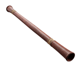 A traditional wooden didgeridoo, an ancient wind instrument originating from australia, isolated on a transparent background, showcasing its rustic texture and decorative bands